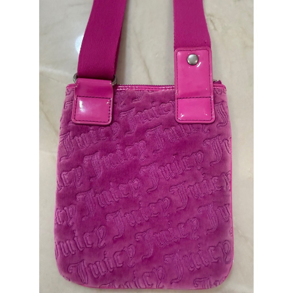 Juicy Couture Pink Velour Embossed Logo Crossbody Bag Y2K Patent Trim Chain #113 - Picture 6 of 15